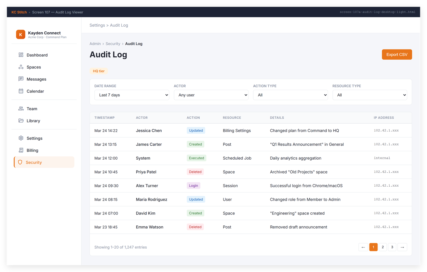 Audit log with timestamped actions
