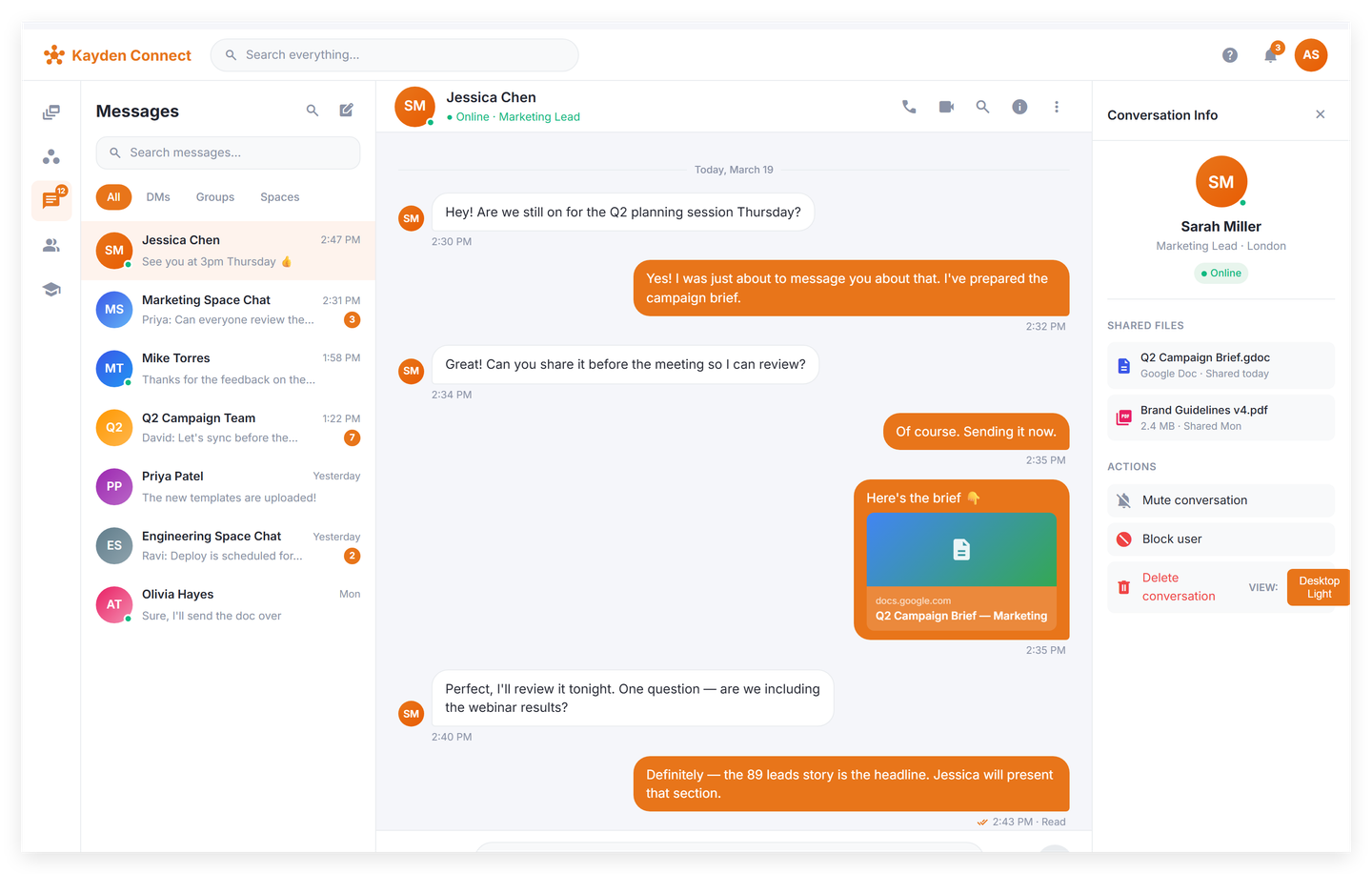 Chat drawer with a sidebar listing direct messages and team rooms, an active conversation showing threaded replies, message reactions, and a Cmd+K search bar across the top.
