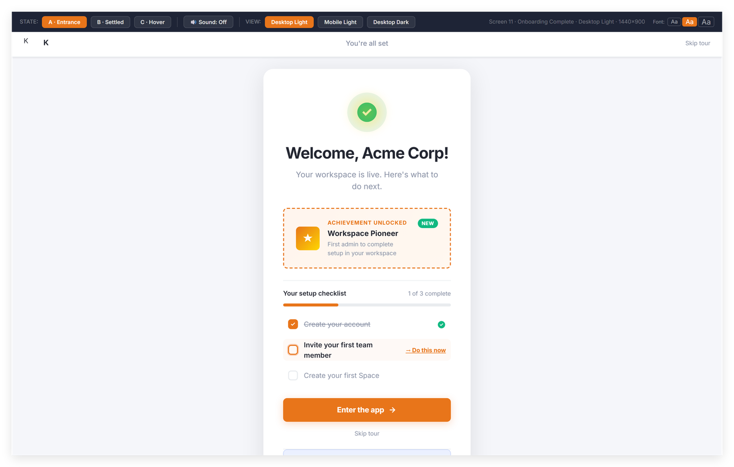 Onboarding completion screen with progress milestones