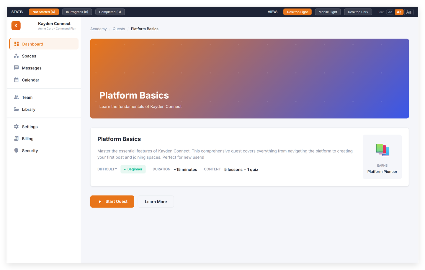 Quest detail view with day-by-day onboarding tasks