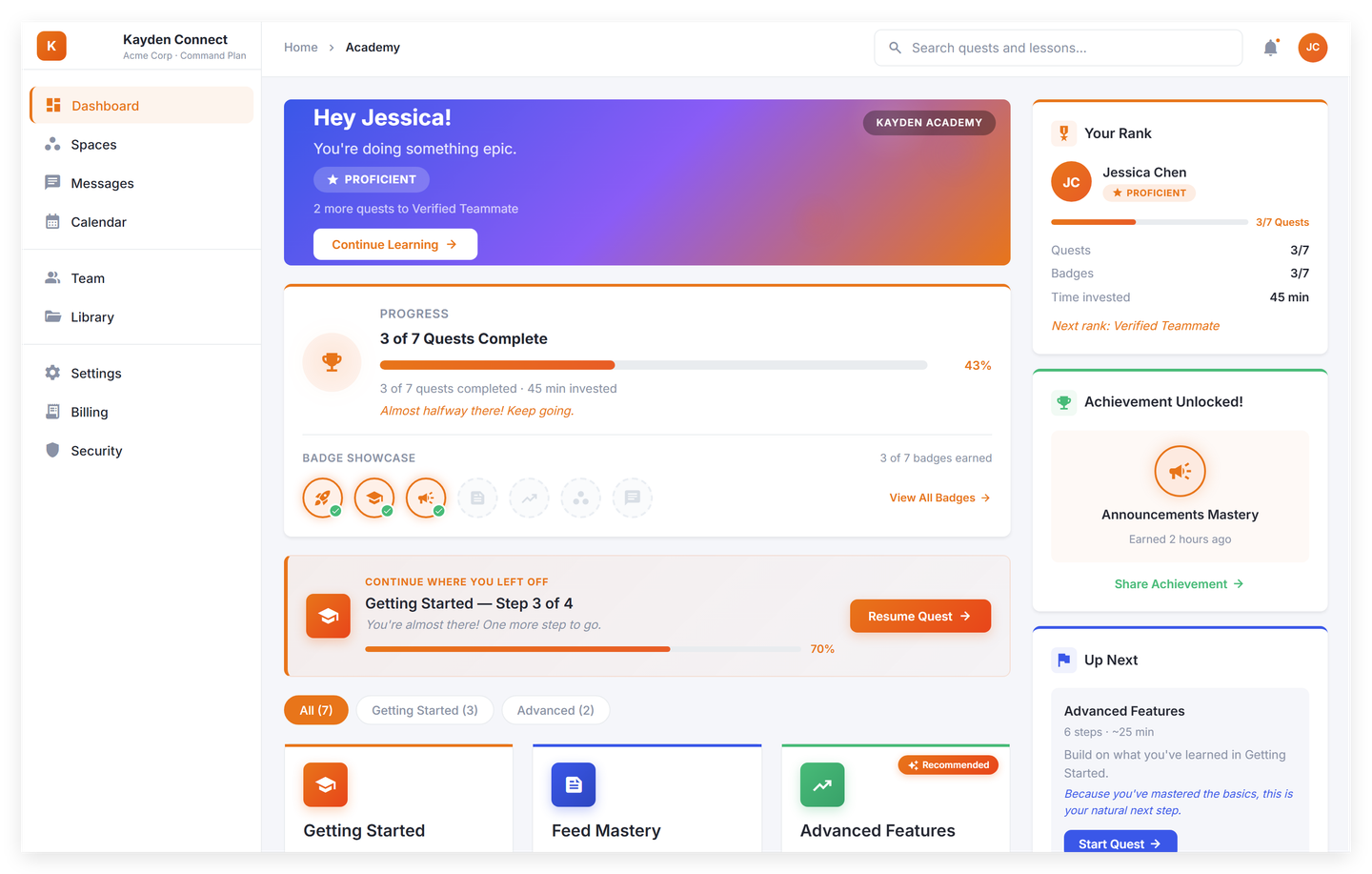 Academy dashboard with a learning path on the left listing day-by-day onboarding modules, progress checkmarks beside each step, and a sidebar showing earned badges and the next quest.