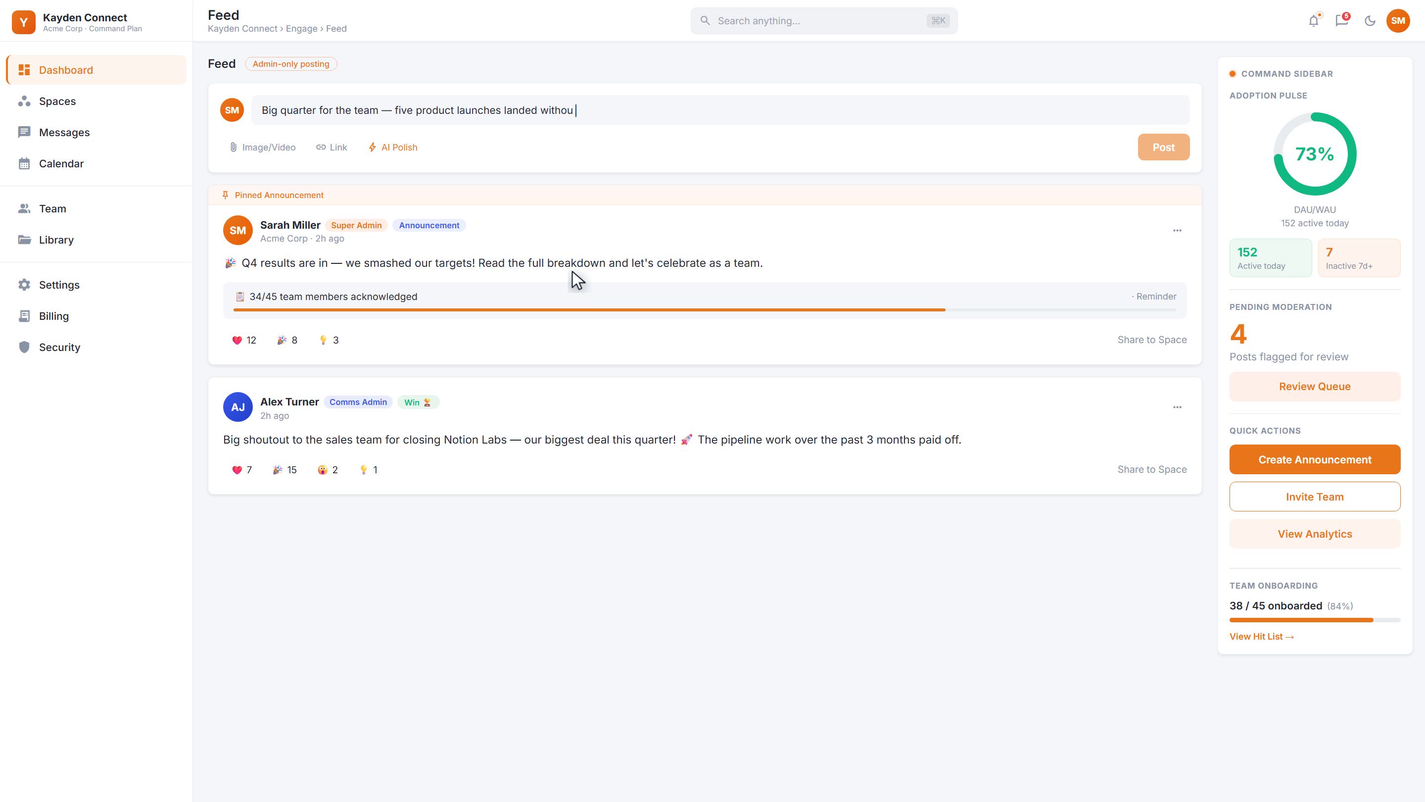 Kayden Connect Engage feed: composer with a draft post, pinned announcement at the top of a chronological stream, reactions and a Win post below.